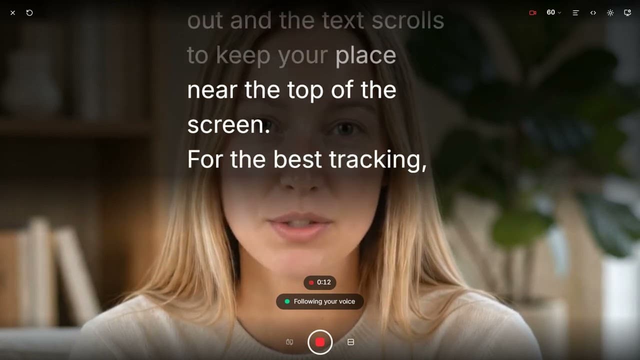 Presenter recording a selfie video with the Sayscroll teleprompter script overlaid on the camera preview
