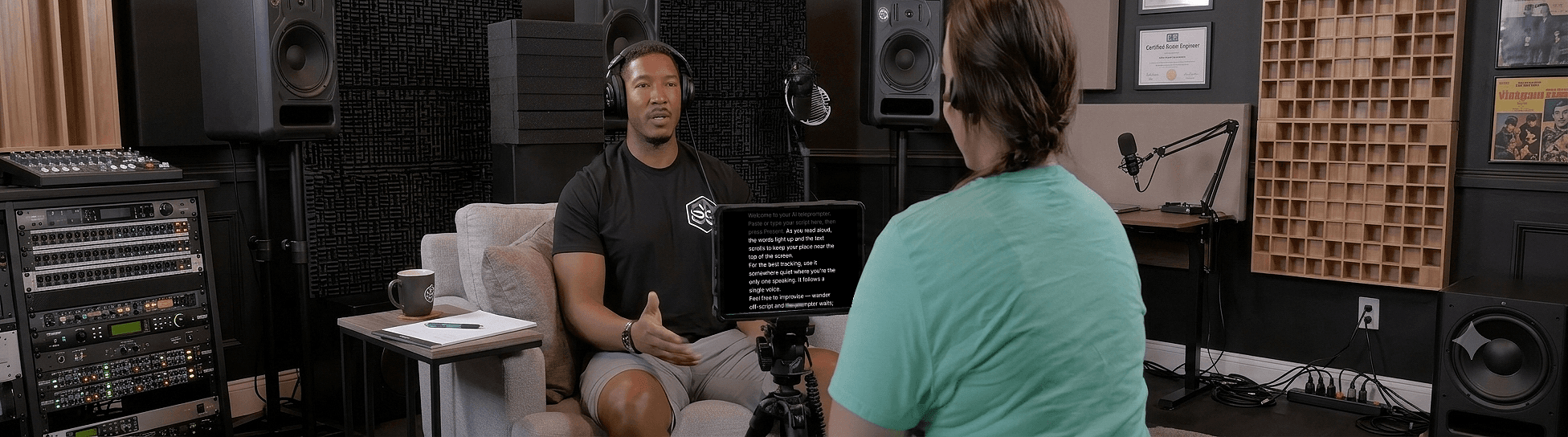 Studio recording session with a presenter reading from the Sayscroll AI teleprompter